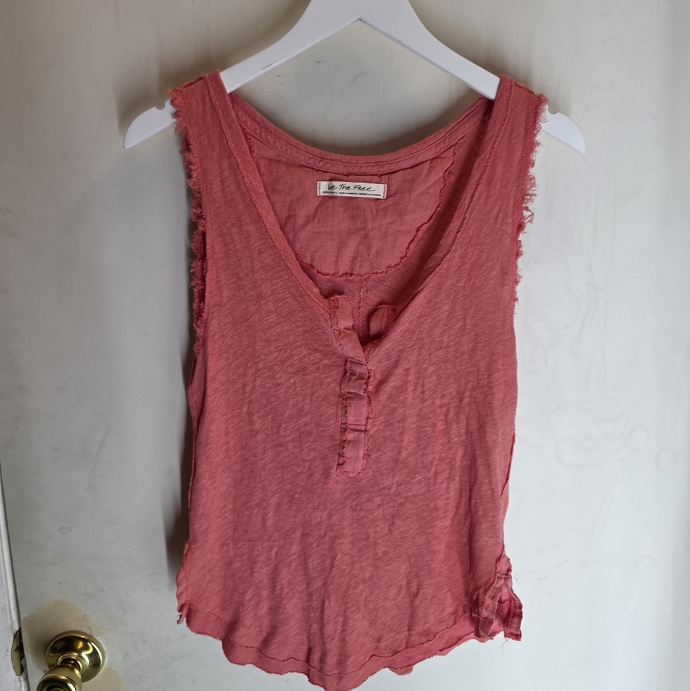 Free People We The Free Orange Linen Blend Frayed Hem Scoop Neck Tank Top